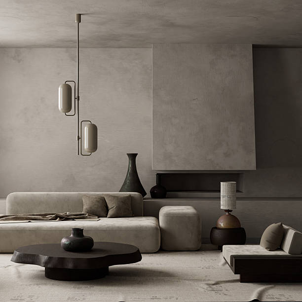 istock Brutalist living room with softened edges. 3D illustration 2220578232