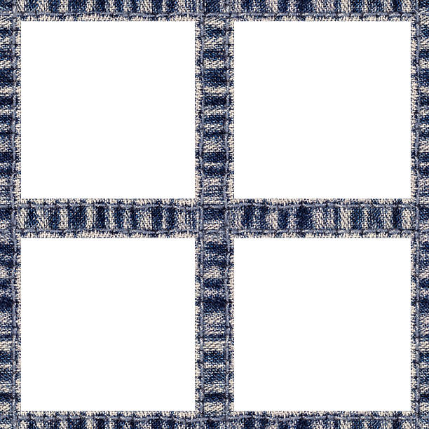 Isolated seamless 4k texture of blue stitched denim cloth mesh grid on white background.