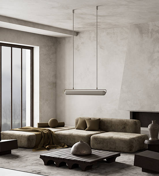 istock Brutalist living room with sculptural forms and earthy minimalism. 3D illustration 2220580100