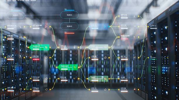 istock Animated Visualization of Diagrams of Internet Traffic on Servers in Data Center with Server Racks 2220584235