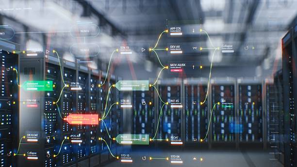 istock Animated Visualization of Diagrams of Internet Traffic on Servers in Data Center with Server Racks 2220584352