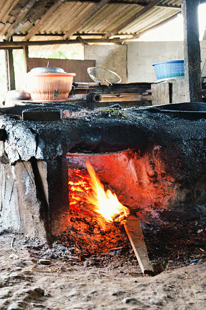 istock Kitchen with wood-burning stove with fire burning. 2220585365