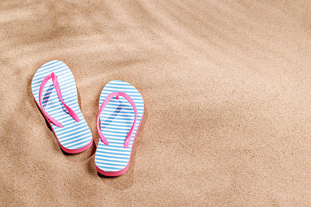 istock A tropical summer background featuring beach sand with palm leaf shadows and a pair of flip-flops 2220585765