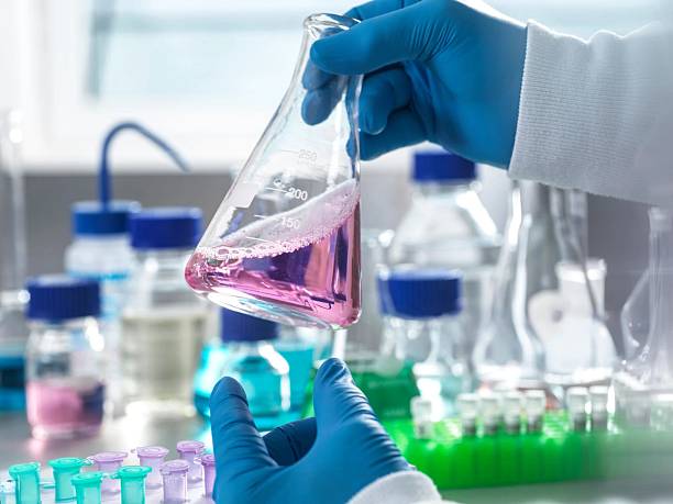 istock Close-up of a scientist's hands handling a flask with pink chemical solution. 2220590759