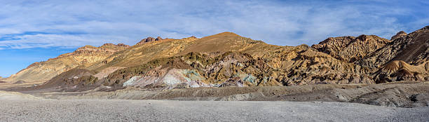 Between Furnace Creek and Badwater Basin, Artist’s Drive winds through the Black Mountains, part of the Amargosa Range, along Death Valley’s eastern edge. This region lies within the Basin and Range Province, a vast geologic zone stretching from eastern California across Nevada and into northern Mexico.  This unique area was shaped by the Earth’s crust being pulled apart, leaving vast valleys separated by long mountain ranges. The colorful bands on display here, reds, greens, yellows, and purples, were formed from Miocene-era volcanic ash deposits and later altered by hydrothermal fluids and the oxidation of metals like iron and manganese. Once buried beneath lava flows, these layers were uplifted and exposed by the same tectonic forces that created Death Valley’s dramatic landscape.  Artist’s Drive is located off the Badwater Road south of Furnace Creek, California, USA.