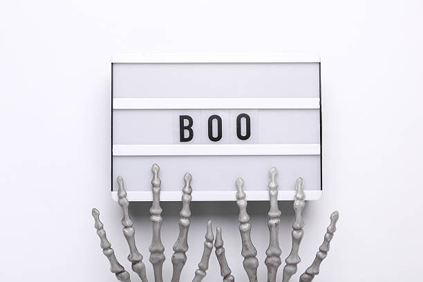 istock Halloween concept. Lightbox with text BOO and holiday decoration. Flat lay. Top view 2220593722