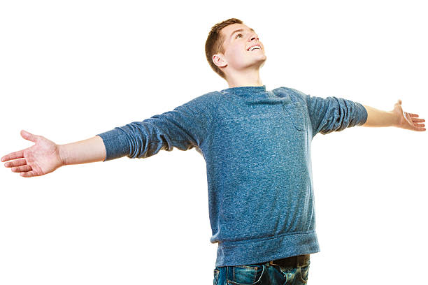 istock Happy man successful lad with arms raised 2220600170