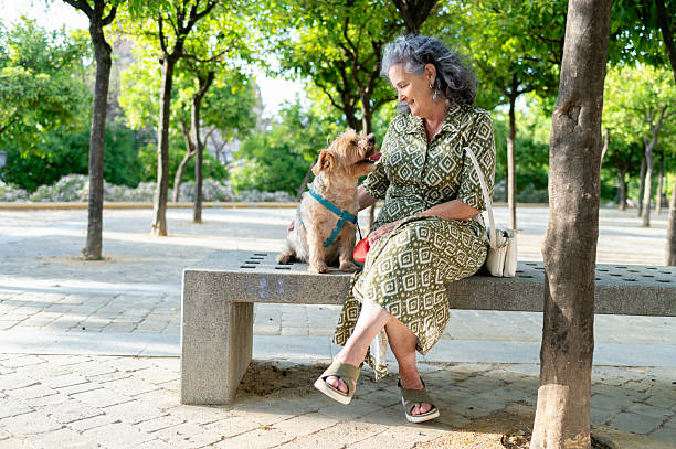 istock Retired woman lovingly looking at her dog while sitting on a park bench 2220604386