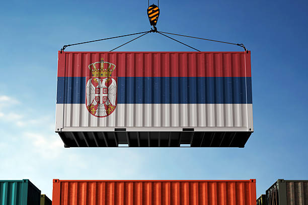 istock Serbia trade cargo container hanging against clouds background 2220604524