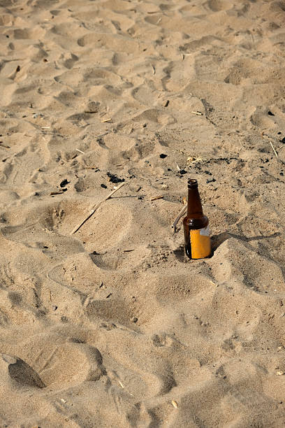 istock Bottle partially buried in sand at a beach during daytime, surrounded by fine grains under clear blue sky 2220606063