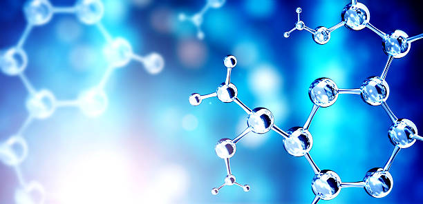 istock Vertical or horizontal banner with model of abstract molecular structure. Background of blue color with glass atom model. Copy space for your text. 3d render 2220606531
