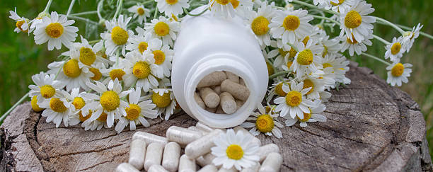 istock Chamomile Capsules and Fresh Daisies on Wooden Surface 2220607259