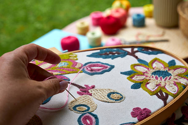 istock Front close-up view of a woman's hands embroidering a decorative pattern on fabric stretched in an embroidery hoop. The hands are focused and steady, with visible stitches forming on the fabric. Natural light highlights the textures of the thread and clot 2220616504