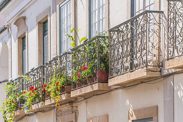 istock Flower-filled balconies with ornate iron railings on sunlit building 2220623040