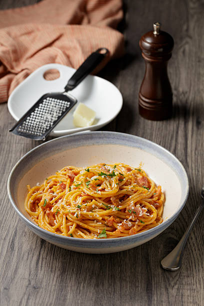 close view of home made spagehtti all spaghetti all amatriciana  at home kitchen