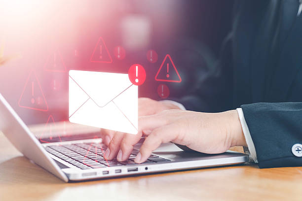 istock Email inbox alert and spam virus with warning, email security protection alert, new email notification and internet communication concept, email technology icon, junk mail compromised information 2220633362
