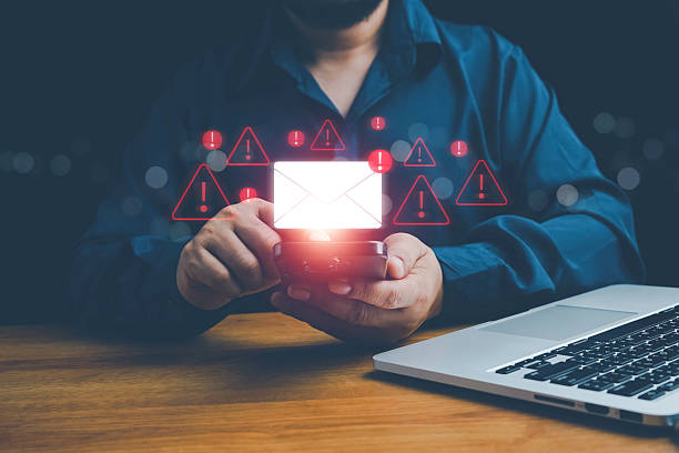 istock Email inbox alert and spam virus with warning, email security protection alert, new email notification and internet communication concept, email technology icon, junk mail compromised information 2220633363