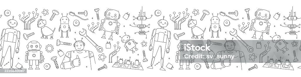 Tech Doodle Pattern Seamless Doodle Pattern With Robots Tools And Microchips Stem And ...