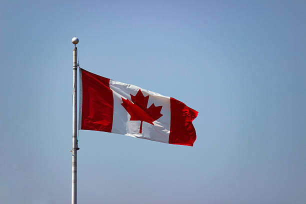 istock Canadian Flag in Sky Blue Background 2220643220