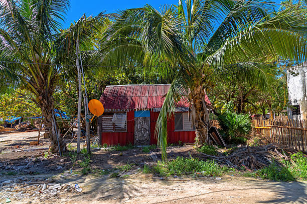 Tropical Shack Isla Holbox, Mexico - February 27th 2019: A red corrugated metal house stands among palm trees, showcasing the island's rustic charm and simple architecture. poverty mexico environment slum stock pictures, royalty-free photos & images