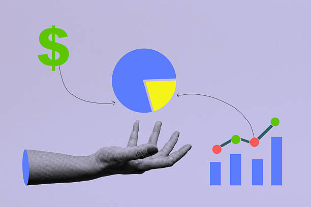 istock Human hand showing a pie chart with dollar currency and an upward graph on a colored background. Concept of Business Financial Planning. Collage art 2220647284