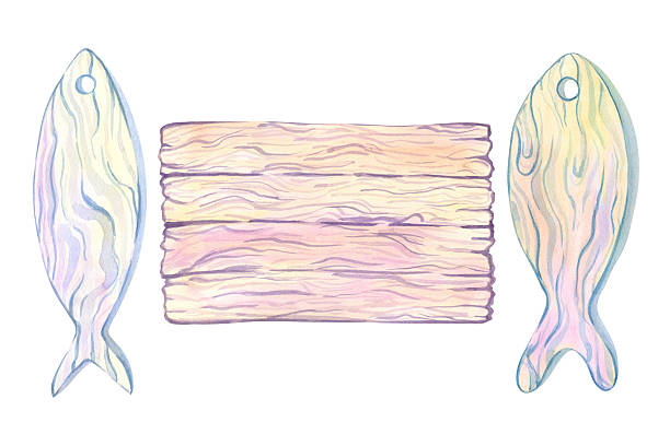 Board, figurine fish, wooden sign with space for text, copy space, beach decoration, tropical ocean shore souvenir, pastel colors on white background. Single isolated object. Hand drawn watercolor illustration. High quality illustration