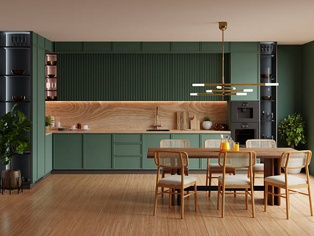 istock kitchen room interior design with dark green wall,Dining room interior- 3D rendering 2220652593