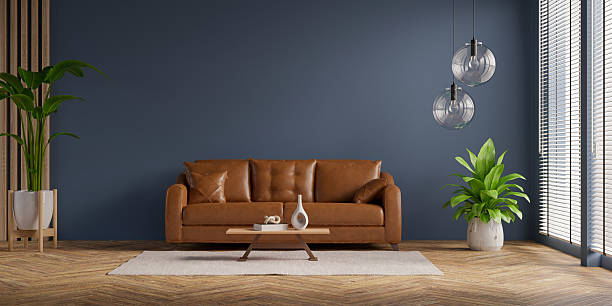 istock Modern living room with leather sofa and indoor plants- 3D rendering 2220652605