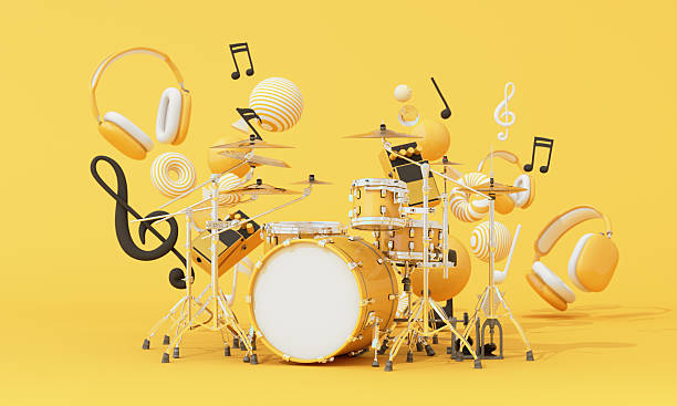 istock Dynamic 3D drum set with musical symbols, headphones, and vibrant elements on yellow background, representing music production and rhythm. 3d rendering. 2220653546