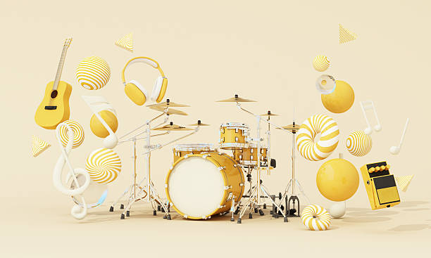 istock Colorful drum kit surrounded by guitar, notes, headphones, and floating spheres on pastel background, symbolizing joyful music and creativity. 3d rendering. 2220653547