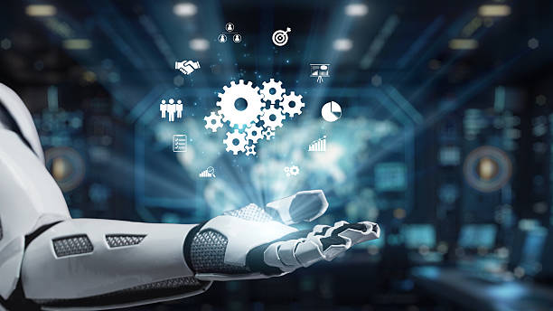 istock Futuristic Robot Hand Presenting Digital Data Icons with Gears, Graphs, and People, Symbolizing Technology, Innovation, and Automation in Modern World. Auvana 2220660365