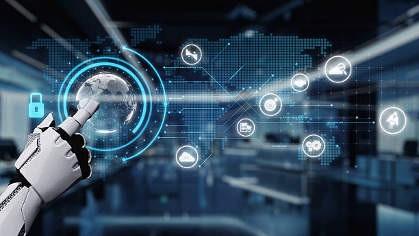 istock Futuristic Robotic Hand Interacting with Digital Globe and Technology Icons in Modern Office Environment, Representing Innovation and Connectivity. Auvana 2220660381