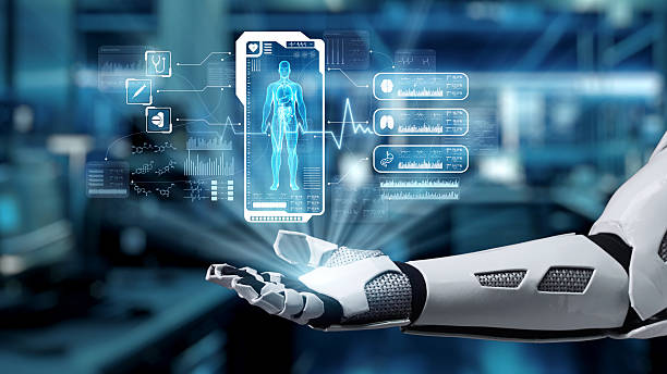 istock Robotic hand open palm of hand with human anatomy hologram float. Salubrious. 2220660548