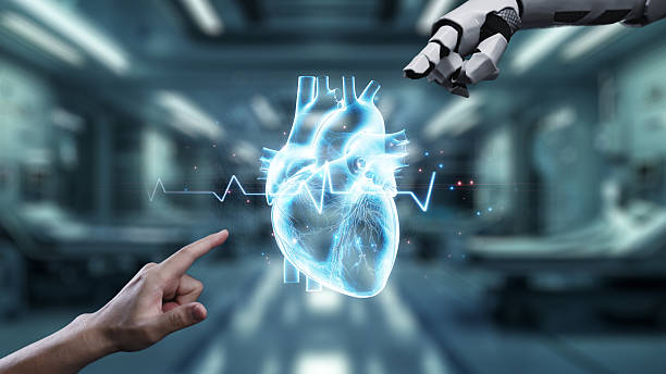 istock Robot and human reach hand and point finger with heart icon float. Salubrious. 2220660585