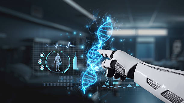 istock Close up of robot hand pointing and tapping at DNA hologram at lab. Salubrious. 2220660598