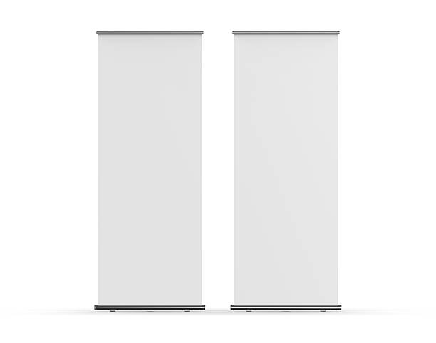 istock Blank standee roll up banner mockup template on isolated white background, 3d illustration 2220666303