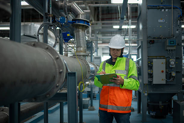 istock Engineers or technicians working extensive metal piping, HVAC systems, industrial equipment suggesting a controlled, well-maintained environment concept. 2220667047