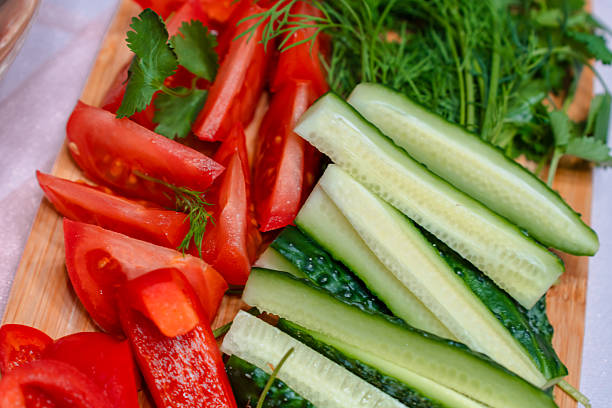 Vegetable plate with tomatoes and cucumbers, proper nutrition, nutrition
