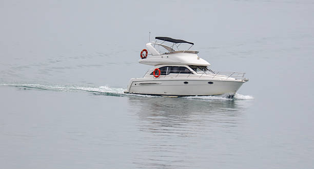 A white boat is on the water with a red life preserver on the side