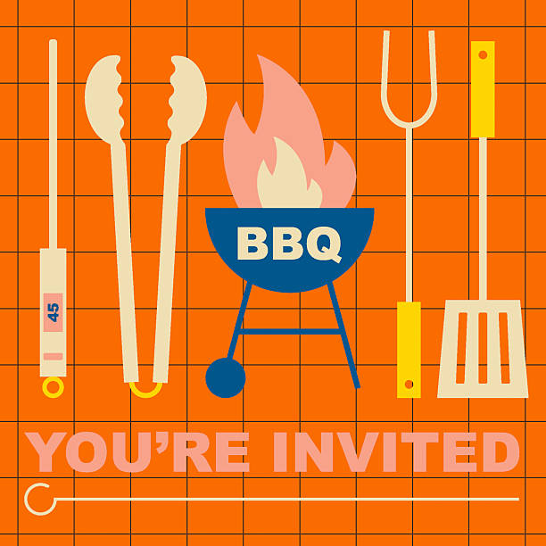 Grill barbecue illustration. BBQ party invitation for outdoor picnic. Grilling utensils, thermometer, tongs, spatula, fork and skewer for barbecue food cooking. Simple, geometric, modern style.