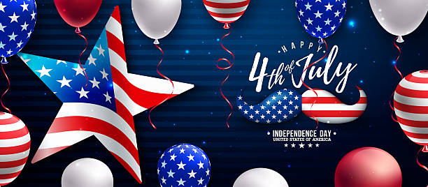 istock 4th of July Independence Day of the USA Vector Illustration with American Flag Pattern Mustache and Star, Party Balloon and Falling Confetti on Dark Blue Background. Fourth of July National Celebration Design with Typography Letter for Banner, Greeting Ca 2220679993