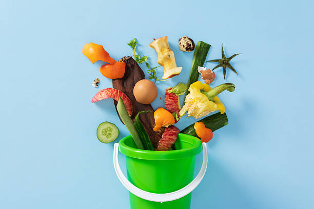 istock Organic food waste for composting in green bin on blue background. 2220682021