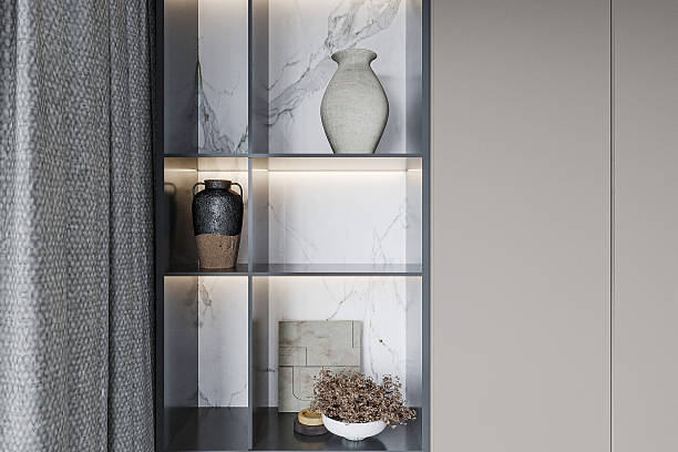 istock Modern Built-in Shelving-Elegant Marble Backing with Decorative Vases 2220682213