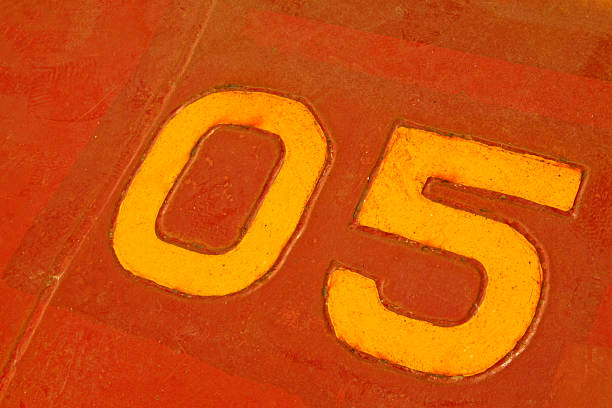 Number 5 written yellow off road traffic sign before blue sky. Horizontal composition with copy space.