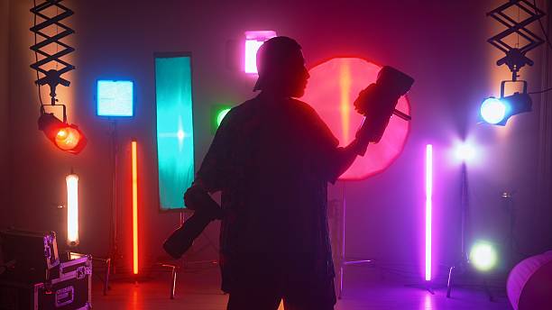 Professional filming pavilion with lighting equipment. Backstage.