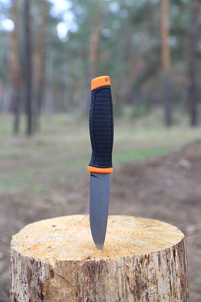 istock knife stuck in wooden stump 2220692865