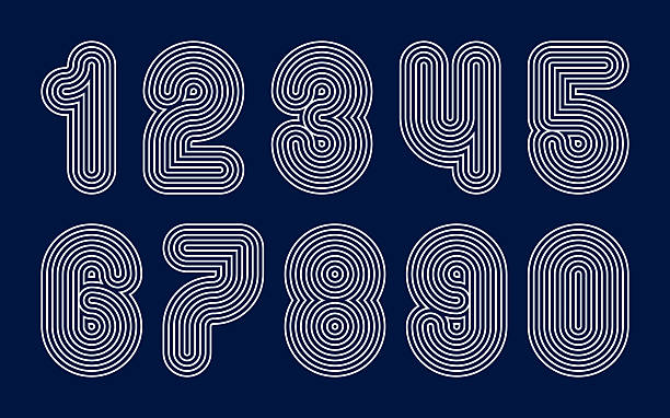 Vector striped number set. Round typo font, funky retro digits. Old letter alphabet, cool poster line elements. Decorative digital logo, sport graphic numerals. 80s shape stripe texture outline emblem