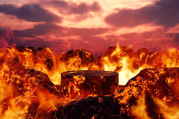 istock 3D render Platform and natural background, Stone podium on the volcano with magma, smoke, fire and lava erupt for product stand display, Blank showcase, advertising, mockup or etc 2220695481