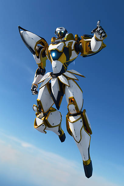 3d render of strong sci-fi mech samurai warrior in heavy white gray gold scratched metal armor in floating superhero pose pointing its index finger at you, at camera, you are next, blue sky background