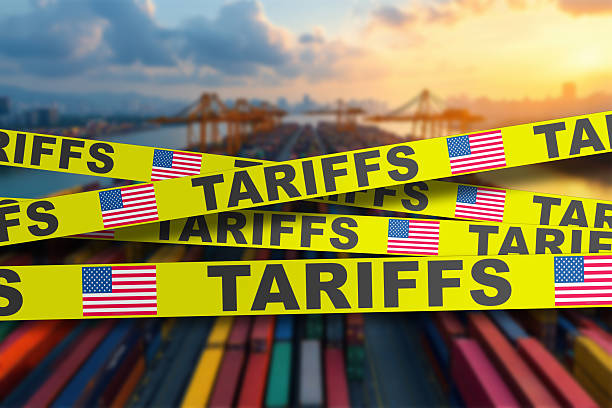 istock Global shipping containers restricted with US tariff markings 2220702085